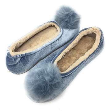 ooohyeah Women’s Fuzzy Pom Pom ballerina slippers, Plush Comfort Soft Slippers, Blue Pom pom