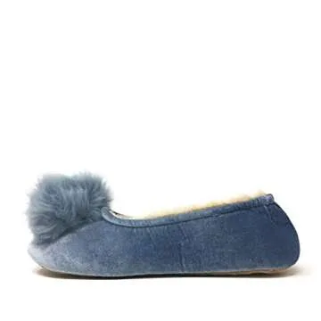 ooohyeah Women’s Fuzzy Pom Pom ballerina slippers, Plush Comfort Soft Slippers, Blue Pom pom