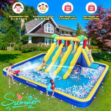 ELEMARA 20.66x16.4FT Inflatable Water Slide for Big Kids, Water Park for Kids Backyard with Large Double-Layer Pool,3 Extra-Long Slides,Climbing Wall, 2 Water Cannons, Water Spraying, 750W Air Blower