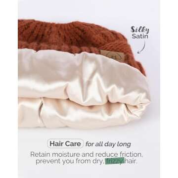 Hat Hut Satin Lined Beanie Hat for Women Silk Lined Winter Hat for Curly Hair Ponytail Beanie Messy ...