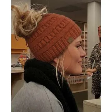 Hat Hut Satin Lined Beanie Hat for Women Silk Lined Winter Hat for Curly Hair Ponytail Beanie Messy Bun Knit Skull Cap (Dark Orange)