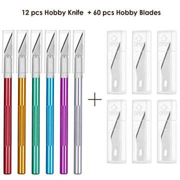 Gejoy Hobby Knife Craft Knife with Stainless Steel Blades, Precision Cutter Utility Kit for Cutting and Trimming, Art Carving, Multicolored (12 Pieces Hobby Knife and 60 Pieces Blades)