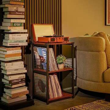 Honkazita Record Player Stand, 2-Tier, Black (Powder Coated), Storage Shelf for Vinyl Records, Albums, CDs, Living Room, Bedroom, 19.4 pounds, 14D x 18W x 30H in