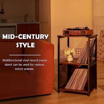 Honkazita Record Player Stand, 2-Tier, Black (Powder Coated), Storage Shelf for Vinyl Records, Albums, CDs, Living Room, Bedroom, 19.4 pounds, 14D x 18W x 30H in