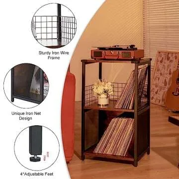 Honkazita Record Player Stand, 2-Tier, Black (Powder Coated), Storage Shelf for Vinyl Records, Albums, CDs, Living Room, Bedroom, 19.4 pounds, 14D x 18W x 30H in