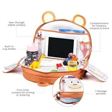 Lulyboo Toddler Car Seat Tray and Backpack - Tray Table Cover - Airplane Travel Tray with Firm Writing Surface - Kids Travel Tray Built-in Cup Holder and 8 Storage Pockets with Kids Lap Desk, Monkey