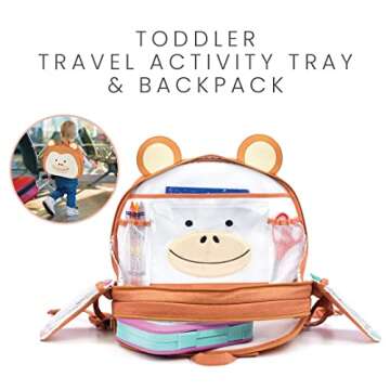 Lulyboo Toddler Car Seat Tray and Backpack - Tray Table Cover - Airplane Travel Tray with Firm Writing Surface - Kids Travel Tray Built-in Cup Holder and 8 Storage Pockets with Kids Lap Desk, Monkey