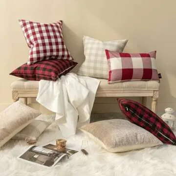 Phantoscope Pack of 2 Gingham Buffalo Plaid Christmas Throw Decorative Pillow Cover Outdoor Indoor Throw Pillows Farmhouse Square Pillow Cases for Home Decor Red,18 x 18 Inches