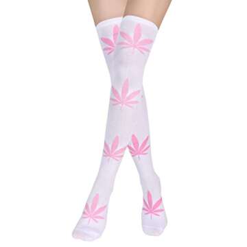 Benefeet Sox White Thigh High Socks for Women Funny Green Leaves Pink Thigh Highs Girls Cute Kawaii ...