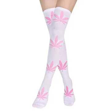 Benefeet Sox White Thigh High Socks for Women Funny Green Leaves Pink Thigh Highs Girls Cute Kawaii ...