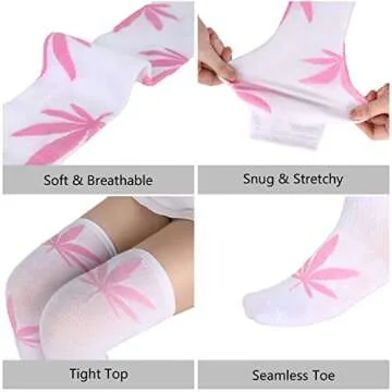 Benefeet Sox White Thigh High Socks for Women Funny Green Leaves Pink Thigh Highs Girls Cute Kawaii Clovers Long Socks Novelty Over the Knee Sock Crazy Halloween Stockings Cosplay Party Christmas Gift