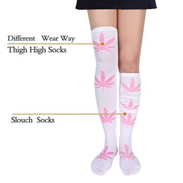 Benefeet Sox White Thigh High Socks for Women Funny Green Leaves Pink Thigh Highs Girls Cute Kawaii Clovers Long Socks Novelty Over the Knee Sock Crazy Halloween Stockings Cosplay Party Christmas Gift