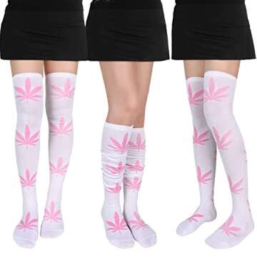 Benefeet Sox White Thigh High Socks for Women Funny Green Leaves Pink Thigh Highs Girls Cute Kawaii Clovers Long Socks Novelty Over the Knee Sock Crazy Halloween Stockings Cosplay Party Christmas Gift