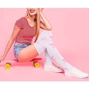 Benefeet Sox White Thigh High Socks for Women Funny Green Leaves Pink Thigh Highs Girls Cute Kawaii Clovers Long Socks Novelty Over the Knee Sock Crazy Halloween Stockings Cosplay Party Christmas Gift