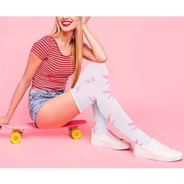 Benefeet Sox White Thigh High Socks for Women Funny Green Leaves Pink Thigh Highs Girls Cute Kawaii Clovers Long Socks Novelty Over the Knee Sock Crazy Halloween Stockings Cosplay Party Christmas Gift