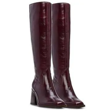 MUCCCUTE Burgundy Knee High Boots for Women - Square Toe Chunky Block Heel Boots with Side Zipper Pull On PU Tall Boots US Size 9
