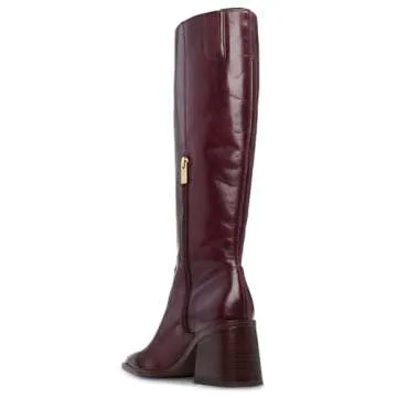 MUCCCUTE Burgundy Knee High Boots for Women - Square Toe Chunky Block Heel Boots with Side Zipper Pull On PU Tall Boots US Size 9