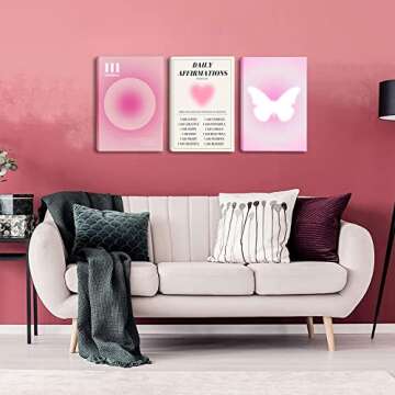 Pink Canvas Wall Art Set of 3 - Abstract Halo Angel Number Positive Energy Motivational Wall Decor -...