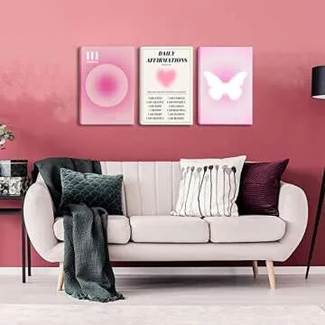 Pink Canvas Wall Art Set of 3 - Abstract Halo Angel Number Positive Energy Motivational Wall Decor -...