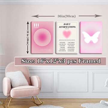 Pink Canvas Wall Art Set of 3 - Abstract Halo Angel Number Positive Energy Motivational Wall Decor - Ideal for Living Room, Bedroom, Apartment - Clean Girls Room Decoration - Frames 12x16''