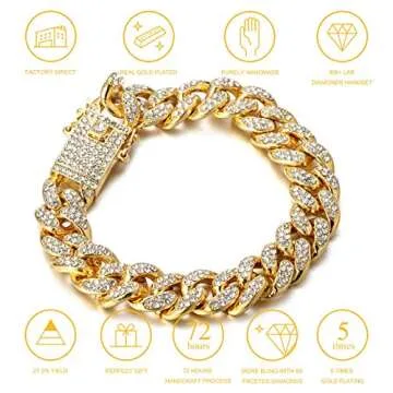 Halukakah Gold Chain Iced Out for Men,Men's 14MM Miami Cuban Link Chain Bracelet 8"(20cm) in 18k Real Gold Plated,Full Cz Diamond Cut Prong Set Gift for Him