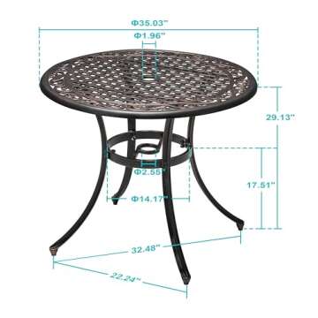NUU GARDEN 36 Inch Patio Dining Table with Umbrella Hole, Outdoor Cast Aluminum Bistro Table, Black with Antique Bronze at The Edge