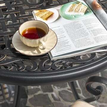 NUU GARDEN 36 Inch Patio Dining Table with Umbrella Hole, Outdoor Cast Aluminum Bistro Table, Black with Antique Bronze at The Edge