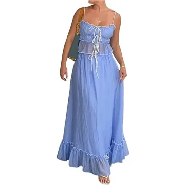 Women Y2k 2 Piece Outfits Patchwork Front Tie-Up Camisoles and Ruched Ruffle Maxi Skirt Matching Set...