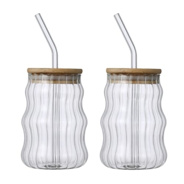 MANMAOHE 17oz Wave Glass Cups Set with Lids Straws