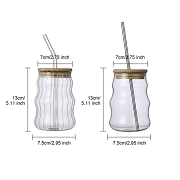 MANMAOHE 17oz Wave Glass Cups Set with Lids Straws
