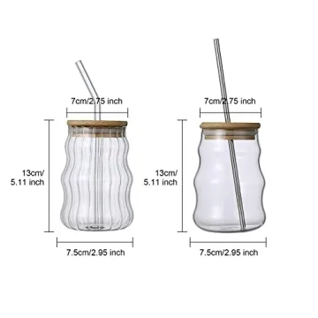 MANMAOHE 17oz Wave Glass Cups Set with Lids Straws