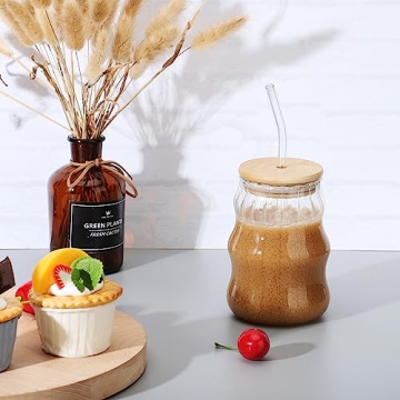 MANMAOHE 17oz Wave Glass Cups Set with Lids Straws