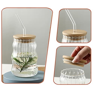 MANMAOHE 17oz Wave Glass Cups Set with Lids Straws