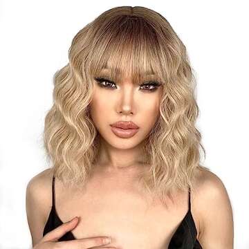 LINGHANG Blonde Wig with Bangs Synthetic Short Blonde Wigs for Women Dirty Blonde Wavy Wig for Daily...