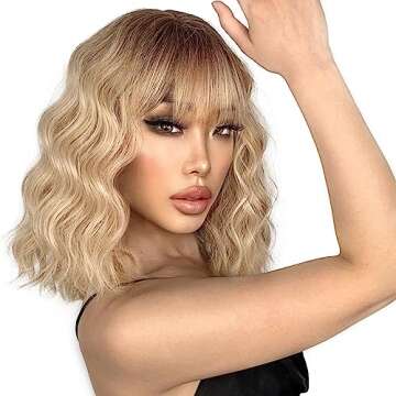 LINGHANG Blonde Wig with Bangs Synthetic Short Blonde Wigs for Women Dirty Blonde Wavy Wig for Daily Use