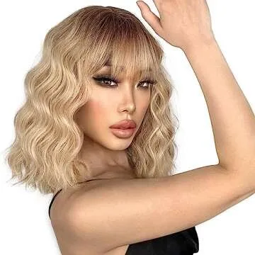 LINGHANG Blonde Wig with Bangs Synthetic Short Blonde Wigs for Women Dirty Blonde Wavy Wig for Daily Use