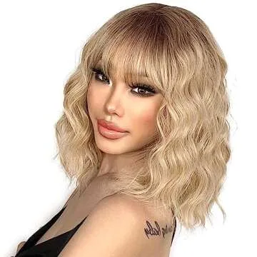 LINGHANG Blonde Wig with Bangs Synthetic Short Blonde Wigs for Women Dirty Blonde Wavy Wig for Daily Use