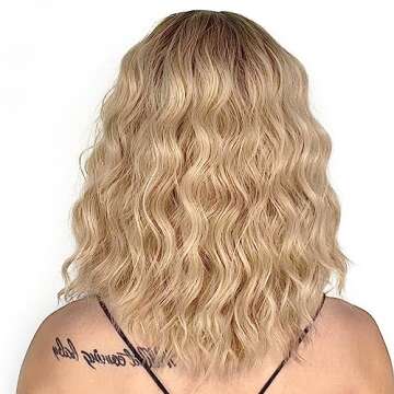 LINGHANG Blonde Wig with Bangs Synthetic Short Blonde Wigs for Women Dirty Blonde Wavy Wig for Daily Use