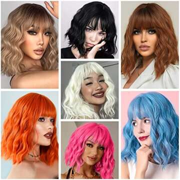 LINGHANG Blonde Wig with Bangs Synthetic Short Blonde Wigs for Women Dirty Blonde Wavy Wig for Daily Use