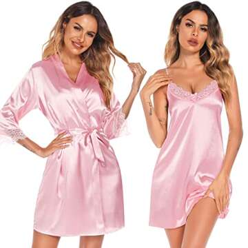 SWOMOG Women's Satin Robe Set 2 Piece Sexy Pajamas Sets Lace Cami Nightgown and Silk Robes Nightwear Pink Small
