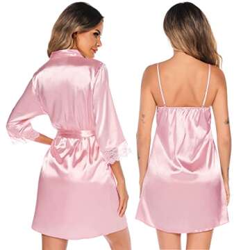 SWOMOG Women's Satin Robe Set 2 Piece Sexy Pajamas Sets Lace Cami Nightgown and Silk Robes Nightwear Pink Small