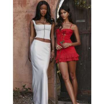 LAGSHIAN Women's Sleeveless Square Neck Double Layer Crop Top Central Single Row Clasp Trendy Tank Top White