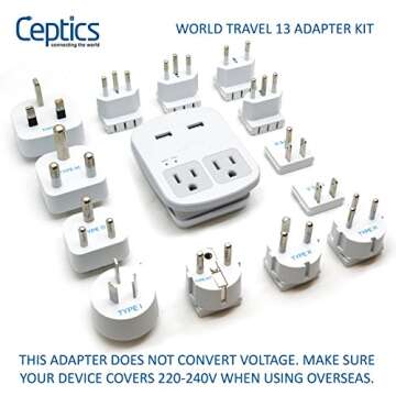 Ceptics International Plug Adapter Kit - Grounded 13 Adapter Set with Dual USB Ports for Travel Anyw...