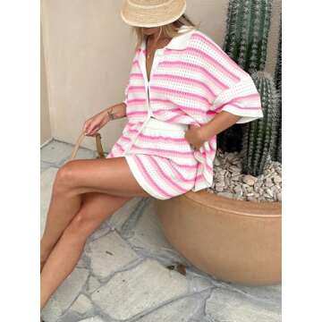Tankaneo Womens Short Sleeve Striped Pajama Sets Color Block Crochet Knit Button Top and Shorts 2 Piece Lounge Sets Bright Pink