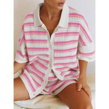 Tankaneo Womens Short Sleeve Striped Pajama Sets Color Block Crochet Knit Button Top and Shorts 2 Piece Lounge Sets Bright Pink