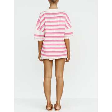 Tankaneo Womens Short Sleeve Striped Pajama Sets Color Block Crochet Knit Button Top and Shorts 2 Piece Lounge Sets Bright Pink