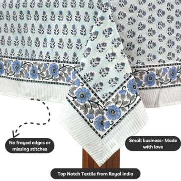 CPC Tablecloth 100% Cotton 60x60 Inch Indian Block Print Rectangle Table Cover, Washable Table Cloth for Weddings, Spring/Summer, Barbeque - Poppy Blue