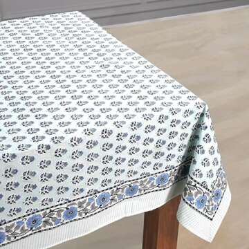 CPC Tablecloth 100% Cotton 60x60 Inch Indian Block Print Rectangle Table Cover, Washable Table Cloth for Weddings, Spring/Summer, Barbeque - Poppy Blue