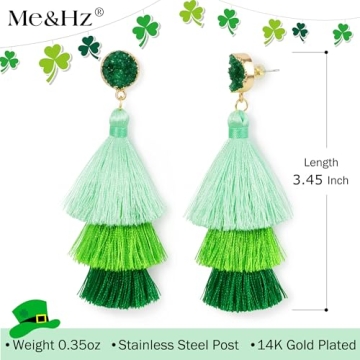 Me&Hz Green Dangle Tassel Earrings for St. Patrick's Day