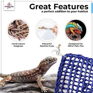 Bearded Dragon Hammock Large-Hand Woven,Colored Seagrass Reptile Hammock w/Suction Cups & Jute Rope-Bearded Dragon Bed-Bearded Dragon Accessories, Geckos, & More-Ideal Gift for Pet Lovers